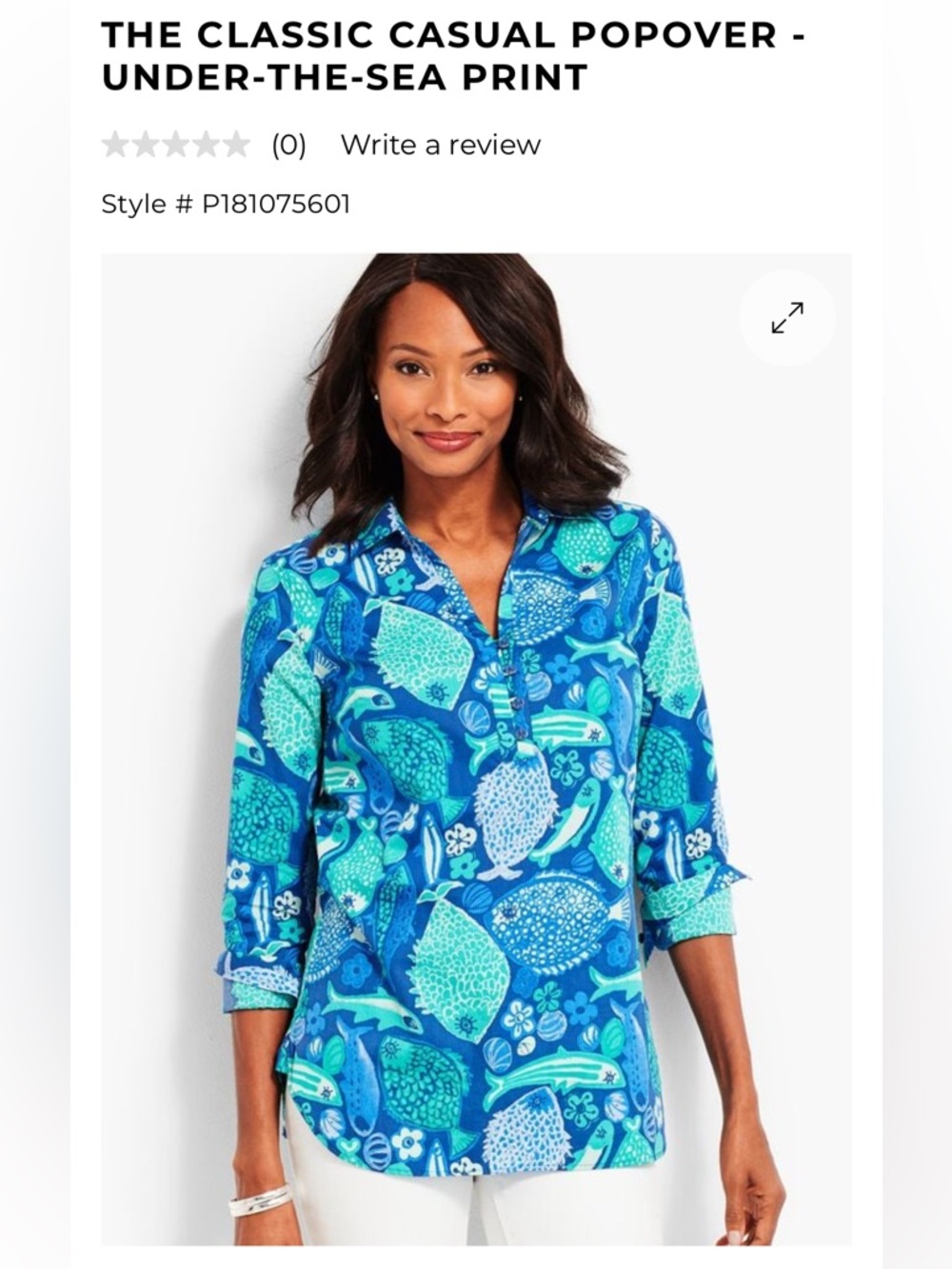 Talbots Blue & Turquoise Under-the-Sea Print Popover Topโ